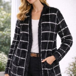 Extremely Soft Black and White Fuzzy Plaid Cardigan XL 1X 2X Long Line Old Money